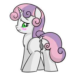 Size: 1200x1200 | Tagged: explicit, artist:obake_kyu, sweetie belle, /mlp/ genitaliations, anatomically correct, anus, blushing, butt, crotchboobs, cute, dock, edit, female, filly, foal, foalcon, g4, imported from derpibooru, looking back, nipples, nudity, plot, ponut, pony, simple background, solo, solo female, sweetie butt, teats, unicorn, vulva, white background