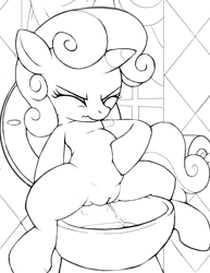 Size: 2550x3300 | Tagged: explicit, artist:tricksta, sweetie belle, but why, eyes closed, female, fetish, filly, foal, foalcon, g4, high res, imported from derpibooru, imported from twibooru, nudity, peeing from crotch, pissing, pony, potty time, sitting on toilet, solo, solo female, toilet, unicorn, urine, vulva, watersports
