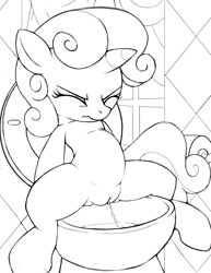 Size: 2550x3300 | Tagged: explicit, artist:tricksta, sweetie belle, but why, eyes closed, female, fetish, filly, foal, foalcon, g4, high res, imported from derpibooru, imported from twibooru, nudity, peeing from crotch, pissing, pony, sitting on toilet, toilet, unicorn, urine, vulva, watersports