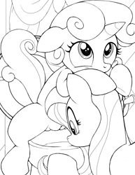 Size: 2550x3300 | Tagged: explicit, artist:tricksta, fluttershy, sweetie belle, female, filly, foal, foalcon, g4, high res, imported from derpibooru, potty time, sitting on toilet, toilet