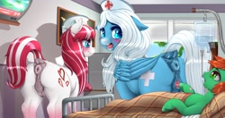 Size: 3571x1889 | Tagged: explicit, artist:dankflank, oc, oc:cherry pop, oc:icy heart, oc:pure imagination, anatomically correct, anus, clit piercing, clit pull, clitoris, colt, crotchboobs, dock, earth pony, female, foal, foalcon, genital piercing, grope, hospital, imported from derpibooru, male, mare, nipples, nudity, nurse, oc only, pegasus, piercing, ponut, pony, puckered asshole, tail, teats, vulva