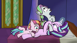 Size: 3840x2160 | Tagged: explicit, artist:daviscollus, starlight glimmer, age difference, bed, coconut cream, coconutglimmer, cum, cumming, dildo, facesitting, female, filly, filly on mare, foal, foalcon, g4, group sex, high res, imported from derpibooru, lesbian, licking, magic, mare, mare on filly, nudity, on back, on bed, oral, orgasm, pony, sex, sex toy, ship:roolaglimmer, starlight is a foal fiddler, threesome, tongue out, toola roola, unicorn, vagina, vaginal secretions, vibrator, vulva