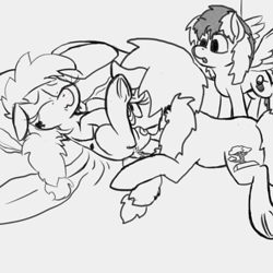 Size: 600x600 | Tagged: explicit, artist:thebathwaterhero, oc, oc:crystal lattice, oc:hidden gem, oc:queen opus, age difference, cunnilingus, cyoa:landfall, female, filly, foal, foalcon, imported from derpibooru, lesbian, mare, mare on filly, monochrome, oc only, on back, oral, pony, sex, trio