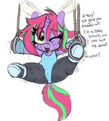 Size: 843x932 | Tagged: explicit, artist:whydomenhavenipples, oc, oc:susie supreme, armpits, ballet slippers, bondage, bow, cameltoe, clothes, dock, female, filly, foal, foalcon, freckles, gymnastic rings, gymnastics, hair bow, imported from derpibooru, leggings, legwear, leotard, looking at you, oc only, one eye closed, pony, simple background, sketch, solo, solo female, speech, struggling, suspended, sweat, transparent background, underhoof, unicorn, wink