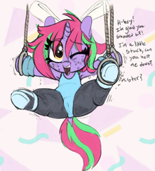 Size: 843x932 | Tagged: explicit, artist:whydomenhavenipples, oc, oc:susie supreme, armpits, ballet slippers, bondage, bow, cameltoe, clothes, dock, female, filly, foal, foalcon, freckles, gymnastic rings, hair bow, imported from derpibooru, leggings, legwear, leotard, looking at you, nudity, oc only, one eye closed, pony, simple background, sketch, solo, solo female, speech, struggling, suspended, sweat, tights, underhoof, unicorn, wink