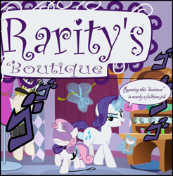 Size: 5301x5384 | Tagged: explicit, artist:gollygosh, rarity, sweetie belle, comic:rarity's boutique, age difference, bdsm, belle sisters, blindfold, bondage, boutique, collar, cover, cum, cum drinking, derpibooru exclusive, female, filly, foal, foalcon, g4, garter, glass, harness, horn, horn ring, imported from derpibooru, incest, jojo's bizarre adventure, leash, lesbian, magic, mare, mare on filly, menacing, pony, raised leg, raricest, scissors, ship:raribelle, shipping, show accurate, show accurate porn, straps, tack, unicorn, ゴ ゴ ゴ