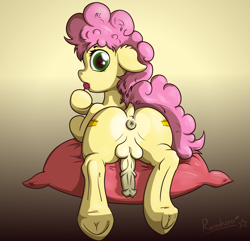Size: 2576x2480 | Tagged: explicit, artist:rainihorn, 180 penis, anus, backsack, balls, both cutie marks, butt, candy, colt, dock, earth pony, eyelashes, floppy ears, foal, foalcon, food, frog (hoof), g4, high res, horsecock, imported from derpibooru, li'l cheese, lollipop, looking at you, looking back, looking back at you, male, my little pony: friendship is magic, nudity, penis, pillow, plot, ponut, pony, rear view, solo, solo male, spread legs, spreading, the last problem, tongue out, trap, underhoof