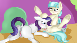 Size: 1280x720 | Tagged: explicit, artist:jbond, rarity, blushing, coco dommel, coco pommel, crotchboobs, cunnilingus, duo, duo female, earth pony, female, femsub, filly, filly on filly, foal, foalcon, g4, imported from derpibooru, lesbian, lying down, nipples, nudity, oral, pony, rarisub, sex, ship:marshmallow coco, shipping, sitting, spread legs, spreading, submissive, tongue out, unicorn, vagina, vaginal secretions