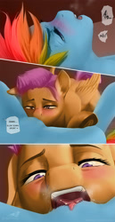 Size: 1294x2500 | Tagged: explicit, artist:wingrazor, rainbow dash, scootaloo, blushing, comic, cunnilingus, dialogue, drool, female, foalcon, g4, imported from derpibooru, lesbian, moaning, nudity, oral, pegasus, pony, sex, ship:scootadash, shipping, tongue out, uncanny valley, vagina, vaginal secretions