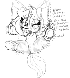 Size: 843x932 | Tagged: explicit, artist:whydomenhavenipples, oc, oc:susie supreme, armpits, ballet slippers, bondage, bow, cameltoe, clothes, dock, female, filly, foal, foalcon, freckles, gymnastic rings, hair bow, imported from derpibooru, leggings, legwear, leotard, looking at you, monochrome, oc only, one eye closed, pony, simple background, sketch, solo, solo female, speech, struggling, suspended, sweat, underhoof, unicorn, white background, wink