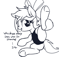 Size: 967x935 | Tagged: questionable, artist:permpony, oc, oc:susie supreme, armpits, bow, butt, butt freckles, clothes, cute, derpibooru exclusive, ear freckles, female, filly, foal, foalcon, freckles, hair bow, imported from derpibooru, leotard, looking at you, monochrome, oc only, on back, open mouth, plot, pony, simple background, solo, solo female, speech, spread legs, spreading, stretching, underhoof, unicorn, white background, young