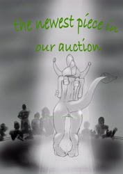 Size: 2480x3508 | Tagged: explicit, grimdark, artist:stardust-pony, anal insertion, ass, auction, butt, buttplug, female, foalcon, g4, grayscale, high res, human, humans are monsters, imported from derpibooru, insertion, monochrome, nudity, sex toy, slave, slavery, smolder, smolderbuse, vulva