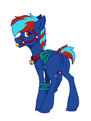 Size: 810x1080 | Tagged: explicit, oc, oc:hellfire, alternate hairstyle, ballgag, balls, bdsm, bell, bell collar, bells, blue fur, bondage, bound wings, bow, bridle, butt, cat bell, christmas, collar, colt, foal, foalcon, gag, gift wrapped, holiday, imported from derpibooru, male, malesub, nudity, pegasus, penis, plot, pony, red eyes, ribbon, ring, solo, solo male, submissive, tack, wings