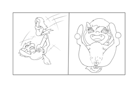 Size: 1414x1000 | Tagged: explicit, artist:happy harvey, oc, oc:filly anon, 2 panel comic, age difference, anus, balls, big dom small sub, big macintosh, black and white, blank flank, butt, chest fluff, clitoris, comic, crotchboobs, ear fluff, earth pony, falling, female, filly, foal, foalcon, g4, grayscale, imported from derpibooru, jumping, lying on the ground, male, monochrome, nipples, nonconsensual, nudity, one eye closed, open mouth, plot, pony, shocked, simple background, sketch, stallion, stallion on filly, straight, teeth, this will end in rape, tongue out, vulva, vulvar winking, white background, wink