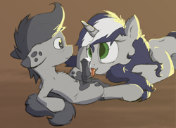 Size: 1911x1390 | Tagged: explicit, artist:geljado, oc, oc:broken symmetry, oc:starlit nightcast, age difference, alternate version, colt, cum, cum version, derpibooru exclusive, digital art, earth pony, female, floppy ears, foal, foalcon, imported from derpibooru, licking, licking cock, male, mare, mare on colt, nudity, oc only, oral, penis, pony, pony oc, pony on pony action, prone, sex, simple background, straight, straight shota, tongue out, unicorn