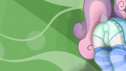 Size: 3840x2160 | Tagged: questionable, artist:not_texmex, sweetie belle, abstract background, anus cameltoe, butt, butt only, cameltoe, clothes, derpibooru exclusive, dock, dress, female, foalcon, frilly underwear, g4, high res, imported from derpibooru, legwear, panties, plot, pony, socks, solo, solo female, striped socks, sweetie butt, thigh highs, underwear, wallpaper, wallpaper for the fearless