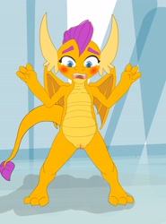 Size: 3090x4180 | Tagged: explicit, artist:stardust-pony, blushing, cute, dragon, female, foalcon, g4, genitals, imported from derpibooru, nudity, smolder, smolderbetes, vulva, vulva blush, wings