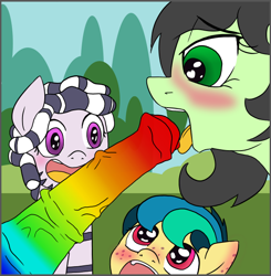 Size: 585x597 | Tagged: explicit, artist:happy harvey, oc, oc:apogee, oc:filly anon, oc:zala, bedroom eyes, blowjob, blushing, colored, dildo, earth pony, female, filly, flat colors, foal, foalcon, freckles, heart eyes, horsecock, horsecock dildo, imported from derpibooru, interspecies, licking, licking cock, nudity, oc only, oral, outdoor sex, outdoors, penis, pony, rainbow penis, sex toy, smiling, soft color, tongue out, vein, vein bulge, veiny cock, wingding eyes, zebra, zebra oc