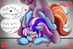 Size: 3000x2000 | Tagged: explicit, artist:englam, oc, oc:amethyst aria, oc:copper flare, ahegao, ass up, blushing, camera shot, coppethyst, daddy, dialogue, earth pony, face down ass up, faceless male, female, filly, foal, foalcon, from behind, heart, high res, imported from derpibooru, impregnation, looking pleasured, male, obscured penetration, oc only, offscreen character, open mouth, penetration, pony, ponytail, sex, shipping, size difference, straight, tongue out, unicorn, vaginal
