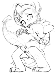 Size: 2761x3618 | Tagged: explicit, artist:tricksta, spike, anus, black and white, dragon, eyes closed, female, foalcon, g4, grayscale, high res, hug, imported from derpibooru, imported from twibooru, male, monochrome, nudity, penetration, sex, ship:spolder, shipping, size difference, sketch, smolder, spolder, stand and carry, straight, suspended congress, vaginal