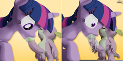 Size: 4320x2160 | Tagged: explicit, artist:moorsheadfalling, spike, twilight sparkle, 3d, big penis, blowjob, comic, cum, cum in mouth, cumming, dragon, faceless male, female, foalcon, g4, human penis, imported from derpibooru, just the tip, male, nudity, offscreen character, oral, penis, pony, premature ejaculation, sex, ship:twispike, shipping, shocked, simple background, straight, surprise cum shot, yellow background
