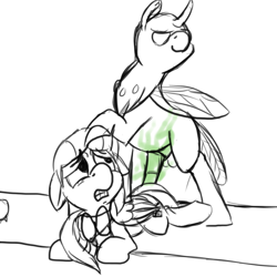 Size: 600x600 | Tagged: explicit, grimdark, artist:thebathwaterhero, oc, oc:hidden gem, changedling, changeling, changeling on pony action, cyoa, cyoa:landfall, duo, female, filly, foal, foalcon, imported from derpibooru, interspecies, limited palette, oc only, partial color, pegasus, pony, rape, sex, soft color