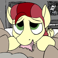 Size: 600x600 | Tagged: explicit, artist:thebathwaterhero, oc, oc:dusty miller, oc:hidden gem, bed, blowjob, colored, colt, colt on filly, cyoa, cyoa:landfall, duo, eyes closed, female, filly, flat colors, foal, foalcon, imported from derpibooru, insect, lying down, male, moth, mothpony, nudity, oc only, oral, original species, pale color, pegasus, penis, pony, sex, simple background, soft color, straight, tongue out
