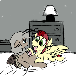 Size: 600x600 | Tagged: explicit, artist:thebathwaterhero, oc, oc:dusty miller, oc:hidden gem, bed, colored, colt, cyoa, cyoa:landfall, duo, eyes closed, female, filly, flat colors, foal, foalcon, imported from derpibooru, lying down, male, moth, mothpony, nudity, oc only, on back, oral, original species, pale color, pegasus, penis, pony, sex, simple background, sketch, soft color, tongue out