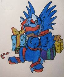 Size: 900x1080 | Tagged: questionable, artist:smolfluffybun, oc, oc:hellfire, bdsm, blue fur, bondage, bound, bound wings, candy, candy cane, chest fluff, christmas, colt, fluffy, foal, foalcon, food, fur, gag, gift wrapped, holiday, imported from derpibooru, male, malesub, oc only, pencil drawing, pony, present, ribbon, sketch, slave, solo, submissive, tape, tape gag, traditional art, wings