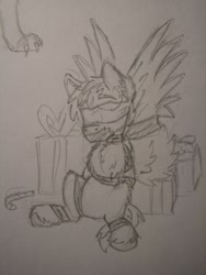 Size: 810x1080 | Tagged: questionable, oc, oc:hellfire, artist needed, bdsm, bondage, bound, bound wings, candy, candy cane, chest fluff, christmas, collar, colt, duct tape, fluffy, foal, foalcon, food, fur, gag, holiday, imported from derpibooru, male, malesub, monochrome, oc only, pencil drawing, pony, present, rope, rope bondage, sketch, solo, submissive, tape, traditional art, wings