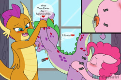 Size: 1280x844 | Tagged: explicit, artist:caluriri, pinkie pie, spike, age difference, analingus, analingus on male, anus, armpits, blushing, broom closet, dragon, female, female on male, female on male analingus, foalcon, g4, imported from derpibooru, male, molt down, my little pony: friendship is magic, nudity, oral, restrained, season 8, sex, ship:pinkiespike, ship:spolder, shipping, smolder, smolder is amused, spike gets all the mares, stone scales, straight, trio, wingless spike