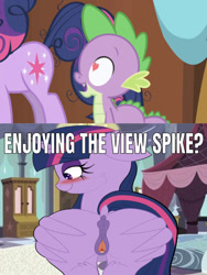 Size: 640x852 | Tagged: explicit, artist:fajnyziomal, editor:undeadponysoldier, spike, twilight sparkle, age difference, alicorn, ass worship, blushing, butt, butt grab, butt touch, caption, commission, dragon, edit, edited screencap, eyes on the prize, female, foalcon, friendship is magic (episode), g4, grope, heart eyes, implied foalcon, imported from derpibooru, looking at butt, male, mare, messy mane, my little pony: friendship is magic, nudity, plot, pony, screencap, season 1, ship:twispike, shipping, straight, twilight is a foal fiddler, unicorn, unicorn twilight, vulva, wingding eyes, wingless spike