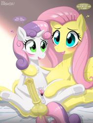Size: 700x925 | Tagged: explicit, artist:tsudashie, fluttershy, sweetie belle, balls, bed, blushing, clitoris, crotchboobs, female, foalcon, futa, futa fluttershy, g4, hoof on shoulder, horsecock, imminent sex, imported from derpibooru, intersex, looking at each other, nipples, nudity, pegasus, penis, pony, ship:flutterbelle, shipping, sitting on person, sitting on pony, spread pussy, tongue out, unicorn, vagina, vulva