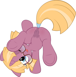 Size: 1814x1828 | Tagged: explicit, artist:pestil, oc, oc:butter berry, anatomically correct, anus, background removed, butt freckles, crotchboobs, delicious flat crotch, female, filly, foal, foalcon, freckles, glasses, handstand, imported from derpibooru, nipples, nudity, oc only, one eye closed, pony, show accurate, show accurate porn, simple background, solo, solo female, tail wrap, teats, tongue out, transparent background, unicorn, upside down, vulva