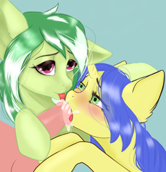 Size: 2500x2600 | Tagged: explicit, artist:kasandra190816, oc, oc:katydid, oc:logical leap, assisted blowjob, blowjob, cum, cum in mouth, double blowjob, female, ffm threesome, foalcon, group sex, high res, hoof on head, human, human male, human male on mare, human on pony action, human penis, imported from derpibooru, interspecies, licking, licking cock, male, mare, multiple blowjob, nudity, oc only, oral, penis, pony, sex, simple background, straight, threesome, tongue out, unicorn, ych result