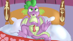 Size: 1280x720 | Tagged: explicit, artist:jbond, spike, anus, bed, cute, cute porn, dragon, foalcon, g4, genital slit, imported from derpibooru, male, nudity, on bed, open mouth, penis, pillow, solo, solo male, spread legs, spreading, winged spike, wings