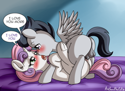 Size: 2918x2138 | Tagged: explicit, artist:anibaruthecat, sweetie belle, anus, balls, blushing, butt, colt, colt on filly, drool, female, filly, foal, foalcon, french kiss, g4, high res, horn, imported from derpibooru, kissing, looking at each other, male, missionary position, nudity, pegasus, penetration, penis, plot, pony, rumble, sex, ship:rumbelle, shipping, straight, underhoof, unicorn, vaginal