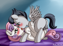 Size: 2918x2138 | Tagged: explicit, artist:anibaruthecat, sweetie belle, anus, balls, blushing, butt, colt, colt on filly, drool, female, filly, foal, foalcon, french kiss, g4, high res, horn, imported from derpibooru, kissing, looking at each other, male, missionary position, nudity, penetration, penis, plot, pony, rumble, sex, ship:rumbelle, shipping, straight, underhoof, unicorn, vaginal