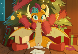 Size: 1600x1119 | Tagged: explicit, artist:mangamaster, aftersex, blushing, christmas, christmas gift, christmas tree, creampie, cum, cute, cute porn, dragon, dragoness, dripping, dripping cum, female, foalcon, g4, genitals, holiday, imported from derpibooru, looking at you, nudity, present, smiling, smolder, solo, solo female, straight, tree, vulva