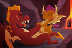 Size: 2143x1426 | Tagged: explicit, artist:dancingchar, ahegao, alternate version, blushing, brother, brother and sister, cowgirl position, dragon, dragoncest, eyes closed, female, foalcon, g4, garble, holding hands, imported from derpibooru, incest, male, nudity, open mouth, penetration, penis, sex, ship:smolble, show accurate, show accurate porn, sibling incest, siblings, sister, smolder, straight, tongue out, vaginal, vulva