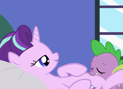 Size: 2000x1453 | Tagged: questionable, artist:shelikof launch, spike, starlight glimmer, age difference, bed, cunnilingus, dragon, duo, duo male and female, edit, edited edit, eyes closed, female, foalcon, g4, imported from derpibooru, male, oral, pony, sex, ship:sparlight, shipping, show accurate, show accurate porn, softcore, starlight is a foal fiddler, straight, unicorn, window, wingless spike