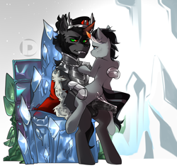 Size: 2322x2202 | Tagged: explicit, artist:devi_shade, oc, age difference, anal creampie, anus, armor, balls, big dom small sub, canon x oc, colt, cowgirl position, creampie, cum, dominant, foal, foalcon, g4, gay, high res, imported from derpibooru, king sombra, looking at each other, male, maledom, malesub, nudity, oc name needed, penis, pony, stallion, stallion on colt, submissive, throne, unicorn