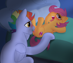 Size: 1400x1200 | Tagged: explicit, artist:daviscollus, scootaloo, age difference, anus, bed, bedroom, big dom small sub, blushing, bow hothoof, cum, cunnilingus, female, filly, foal, foalcon, g4, heart, heart eyes, imported from derpibooru, infidelity, licking, male, night, nudity, oral, orgasm, pegasus, ponut, pony, sex, ship:scootahoof, shipping, stallion, stallion on filly, straight, tongue out, vaginal orgasm, vaginal secretions, vaginal secretions in mouth, vulva, wingding eyes