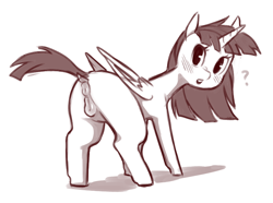 Size: 802x598 | Tagged: explicit, artist:cold-blooded-twilight, oc, oc:fausticorn, alicorn, anatomically correct, anus, blushing, dock, female, filly, foal, foalcon, imported from derpibooru, large wings, monochrome, nudity, oc only, ponut, pony, question mark, raised tail, solo, solo female, tail, vulva, wings