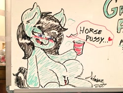 Size: 2048x1536 | Tagged: explicit, oc, oc:filly anon, alternate version, artist needed, blushing, cup, drink, female, filly, foal, foalcon, heart, hoof hold, horse pussy, imported from derpibooru, irl, menu, nudity, oc only, photo, signature, traditional art, vulva