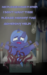 Size: 1200x1920 | Tagged: explicit, grimdark, artist:daviscollus, princess luna, alicorn, anus, bondage, crotchboobs, cuffs, female, filly, filly luna, foal, foalcon, g4, horn, horn ring, imminent rape, imminent sex, imported from derpibooru, magic suppression, nipples, nudity, open mouth, ponut, pony, rape, restrained, sex, star swirl the bearded, teats, tentacle porn, tentacle rape, tentacles, tentacles on female, tentacles on filly, text, tied down, unicorn, vagina, woona, younger
