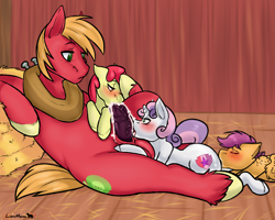 Size: 2000x1600 | Tagged: explicit, artist:lionmom, apple bloom, scootaloo, sweetie belle, age difference, alternate version, applecest, balls, big macintosh, big macintosh's yoke, bisexual, blowjob, blushing, brother and sister, casual sex, cmc foursome, creampie, cum, cum in mouth, cumming, cunnilingus, cutie mark crusaders, double blowjob, earth pony, erection, female, filly, foal, foalcon, foursome, g4, group sex, horse collar, horsecock, imported from derpibooru, incest, lesbian, licking, licking cock, male, mare, multiple blowjob, nudity, oral, oral creampie, orgasm, orgy, pegasus, penis, pony, sex, ship:macbloom, ship:scootabelle, ship:scootamac, ship:sweetiemac, shipping, siblings, stallion, stallion on filly, straight, sucking, sweet apple acres, tongue out, unicorn