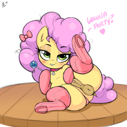 Size: 2000x2000 | Tagged: explicit, artist:aer0 zer0, alternate version, anus, blushing, bow, candy, clothes, collar, dock, earth pony, female, filly, foal, foalcon, food, g4, hair bow, high res, imported from derpibooru, legwear, li'l cheese, lip bite, lollipop, looking at you, my little pony: friendship is magic, nudity, panties, panties aside, ponut, pony, presenting, puckered asshole, solo, solo female, spread legs, spreading, stockings, the last problem, thigh highs, underwear, vulva