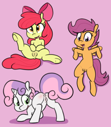 Size: 956x1094 | Tagged: explicit, artist:whatsapokemon, apple bloom, scootaloo, sweetie belle, adorabloom, blank flank, butt, butt blush, cute, cute porn, cutealoo, cutie mark crusaders, diasweetes, earth pony, female, filly, foal, foalcon, g4, genitals, imported from derpibooru, nudity, pegasus, pony, presenting, presenting butt, simple background, sweetie butt, trio, unicorn, vulva