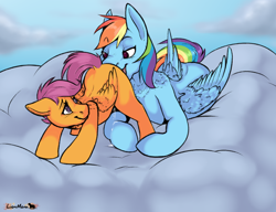 Size: 1500x1150 | Tagged: explicit, artist:lionmom, rainbow dash, scootaloo, age difference, ass up, cloud, cunnilingus, face down ass up, female, females only, filly, foal, foalcon, g4, imported from derpibooru, lesbian, looking back, mare, mare on filly, mile high club, on a cloud, oral, outdoor sex, outdoors, pegasus, pony, sex, ship:scootadash, shipping, vaginal secretions